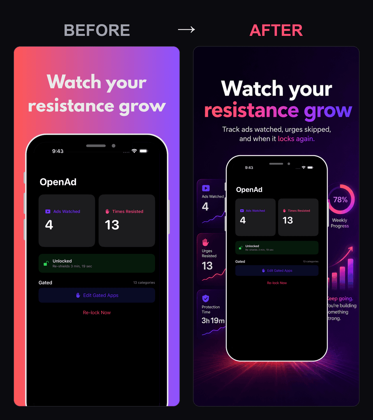 OpenAd dashboard frame — before and after