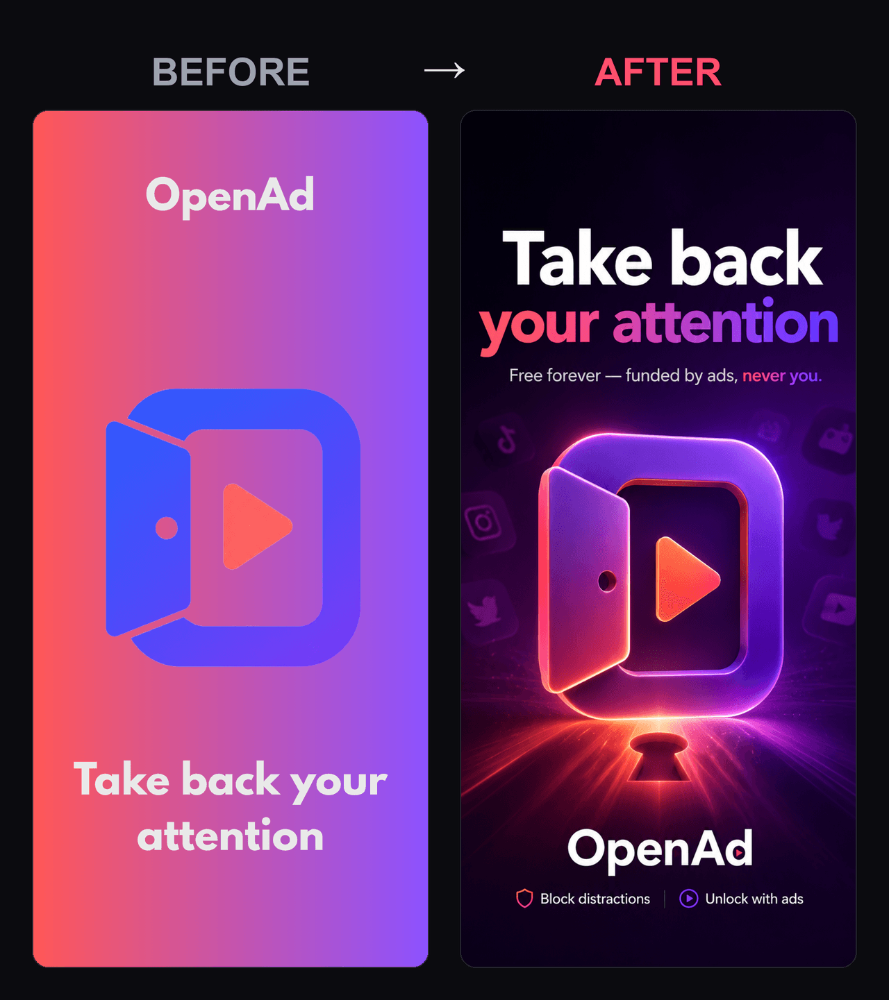 OpenAd hero frame — before and after