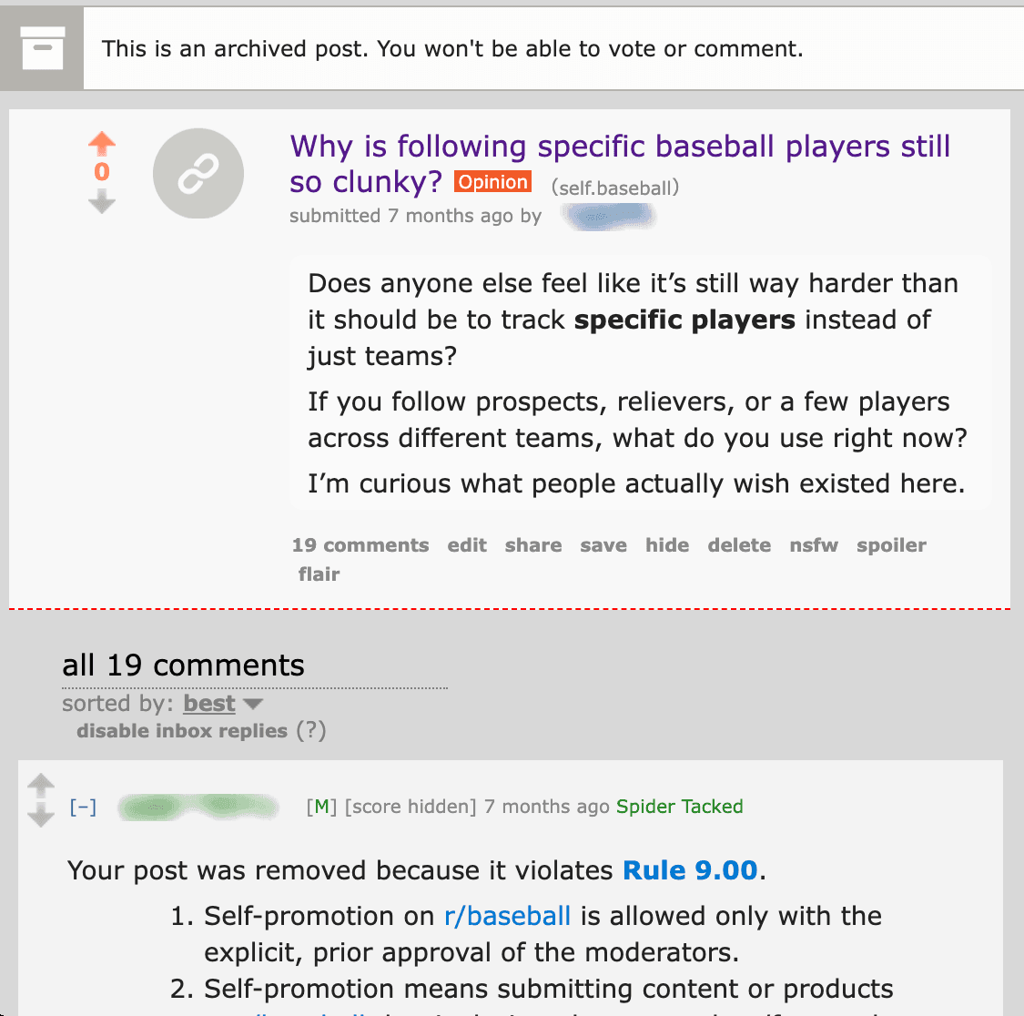 My r/baseball post, "Why is following specific baseball players still so clunky?", removed by the moderators for breaking Rule 9.00, self-promotion without prior approval.