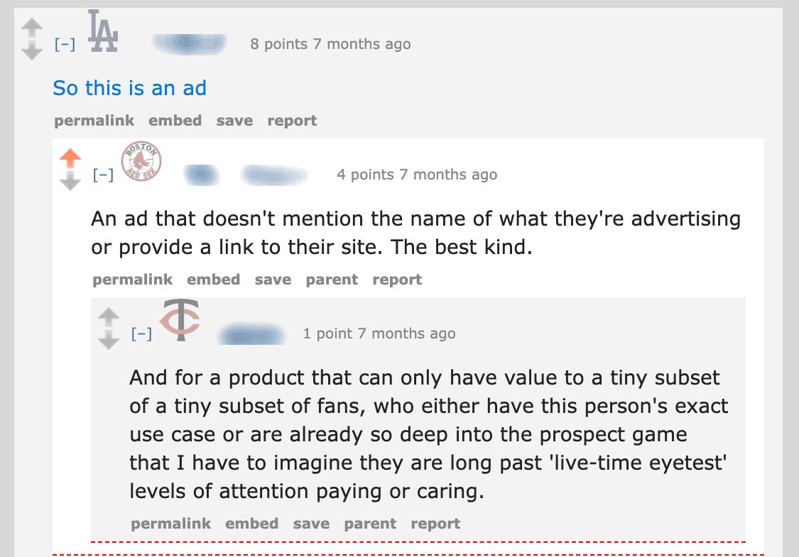 The top replies: "So this is an ad", then "An ad that doesn't mention the name of what they're advertising or provide a link to their site. The best kind."